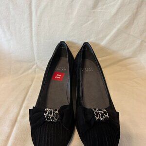 Stuart Weitzman Black and Silver Suede Bow Wedge NWT
